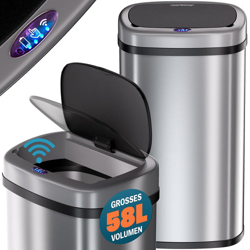 Monzana Sensor Mülleimer Küche 58 L Automatik - Silber. Silberner Edelstahl-Mülleimer. Öffnet berührungslos den Deckel zur Abfallentsorgung in der Küche.
