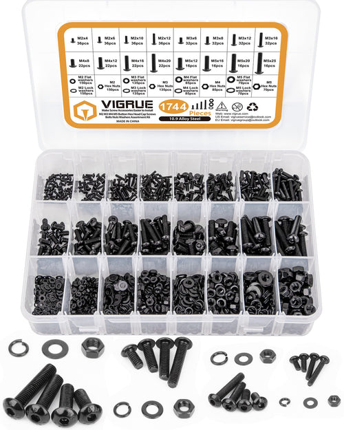 VIGRUE Schrauben Set M2 M3 M4 M5 mit Muttern, 1744-teilig, schwarzer Kohlenstoffstahl, Unterlegscheiben, Sortimentskasten