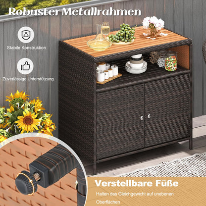 COSTWAY Gartenschrank Rattan mit Akazienholz-Arbeitsplatte, Braun