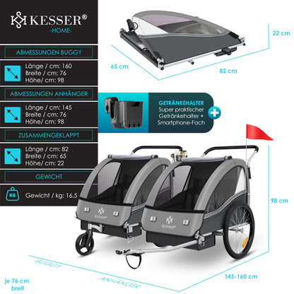 KESSER® Sport-RX 2in1 Kinderfahrradanhänger – 1-2 Kinder