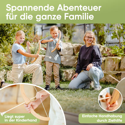 BOWRILLA Pfeil und Bogen Set für Kinder, Holz, mit 6 Saugnapf-Pfeilen