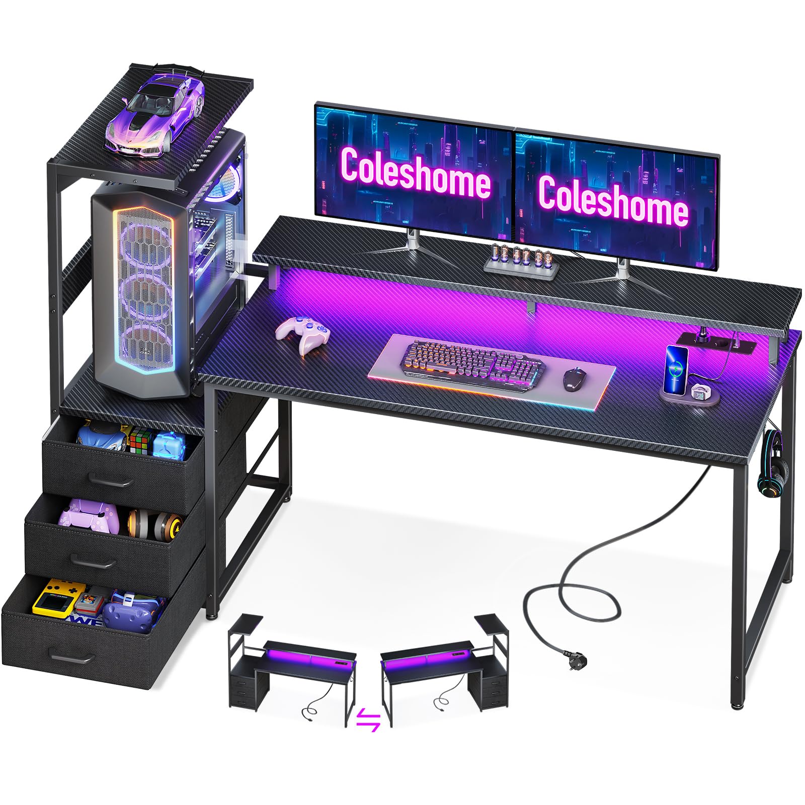Coleshome Gaming Tisch 151x50cm LED Schubladen Carbon Schwarz, rechteckig. Dient als Arbeitsfläche für PC-Gaming mit integrierter LED und Ablagen.