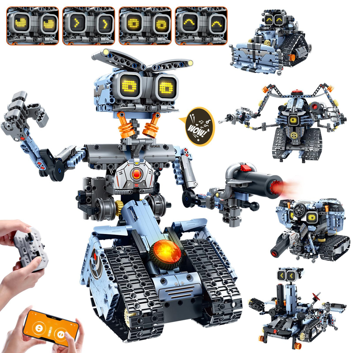 HiWEEGO Technik Roboter Bausatz 5-in-1 mit App, 699 Teile – silbergrauer Roboter mit LED-Augen