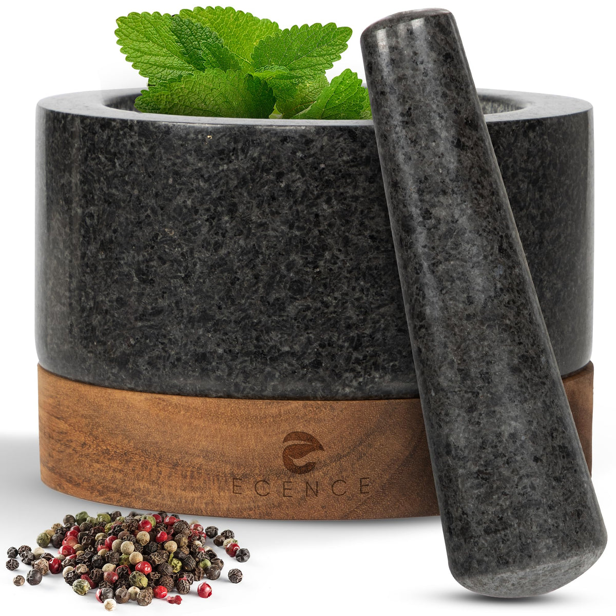 ECENCE Mörser mit Stössel, Naturgranit, Akazienholz-Sockel, Ø 15,5 cm