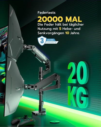 ARES WING Dual Monitorhalterung Übereinander, Gasfeder & USB-Port