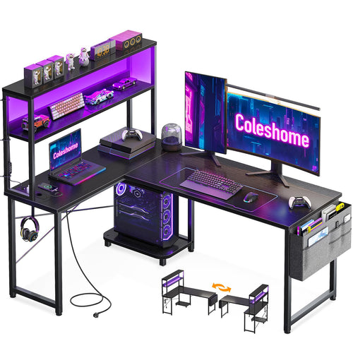 Coleshome Gaming Tisch L-Form mit LED und Steckdosen, Schwarz, Eckschreibtisch mit Regal und RGB-Beleuchtung
