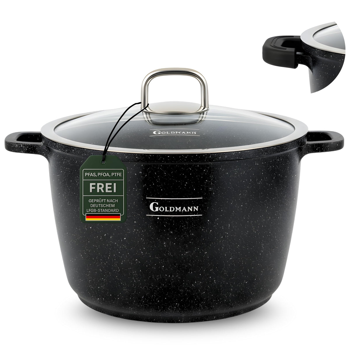 Goldmann Aluguss Kochtopf 24 cm, 6,2 l, induktionsgeeignet, Glasdeckel, schwarz, Keramikbeschichtung in Marmoroptik