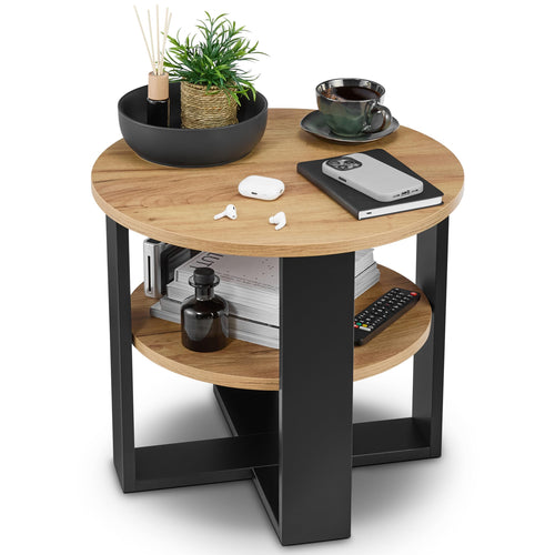 defiPad Couchtisch rund Eiche Ø 53 cm – Beistelltisch mit Ablage, zwei Ebenen in Holzoptik