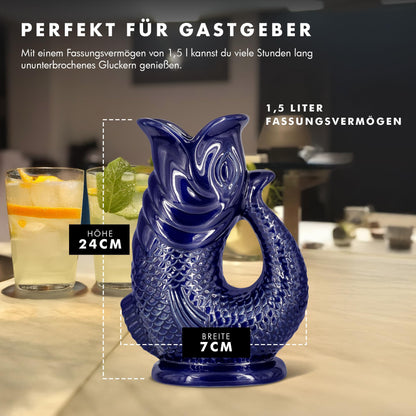 Bubble Jug Wasserkaraffe Keramik in Fischform, 1,5 L, Dunkelblau