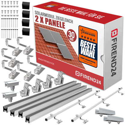 Photovoltaik-Modul-Set 2x – Ziegeldach-Aufständerung 25-40mm: Dunkle PV-Module mit silberner Aufständerung für Solarstrom.