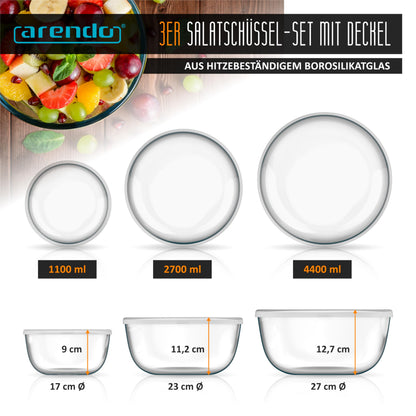 Arendo Rührschüssel-Set 3-teilig aus Borosilikatglas mit Deckel