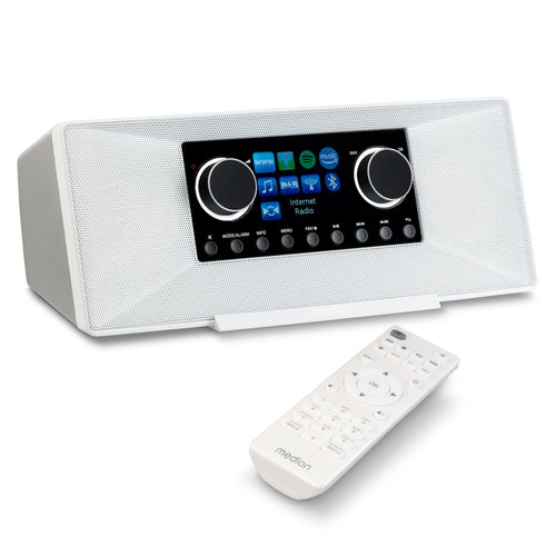 MEDION P85333 Internetradio mit WLAN und DAB+ – Weiss, rechteckig. Streamt Audio via WLAN, empfängt DAB+ Radioprogramme.