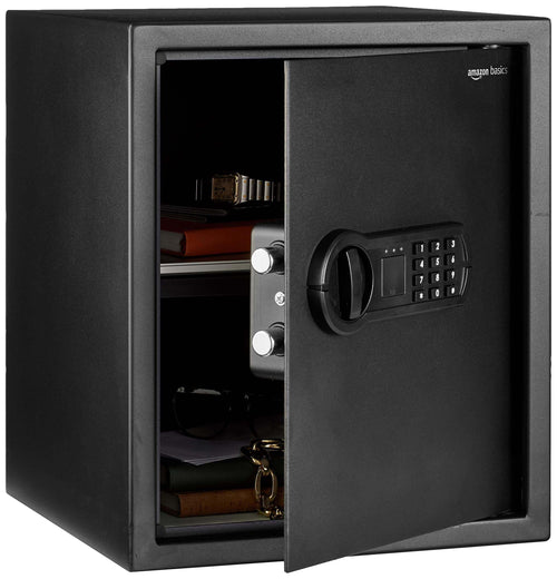 Amazon Basics Elektronischer Stahltresor Digital 43L - Schwarz. Schwarzer, rechteckiger Stahltresor zur elektronischen Sicherung von Wertgegenständen.