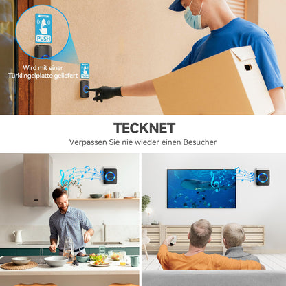 TECKNET Funkklingel Set IP65 wasserdicht 600 m 2 Sender 4 Empfänger