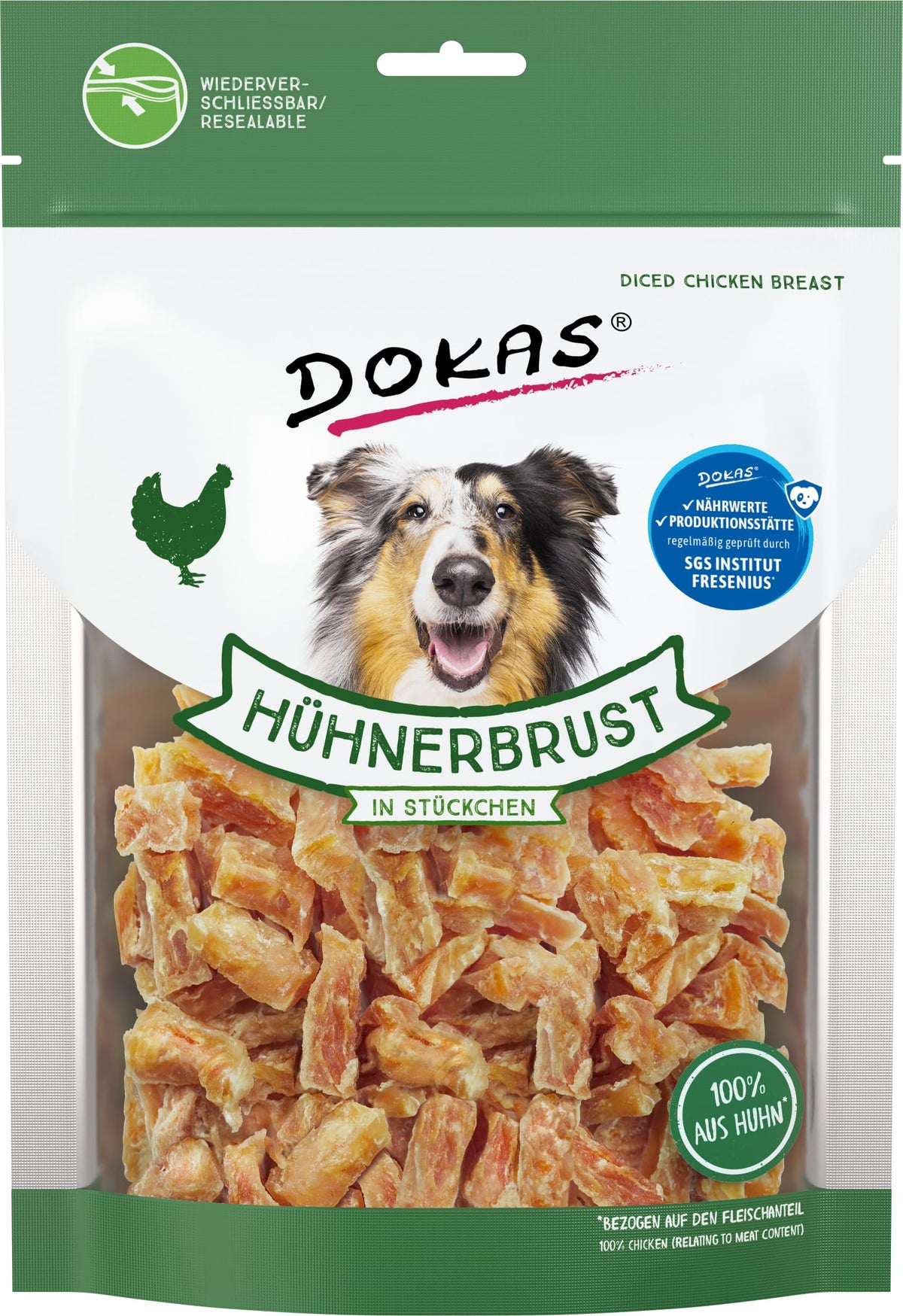 DOKAS Hühnerbrust in Stückchen Hundesnack, glutenfrei, 9 x 200 g – luftgetrocknete, mundgerechte Stückchen