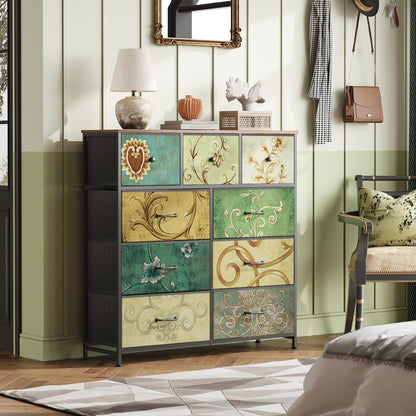 WLIVE Kommode 9 Schubladen aus Stoff – Schlafzimmer, Vintage-Druck
