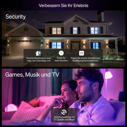 Philips Hue Essential LED Lampe A60 E27, weiss und farbig, 4er Pack