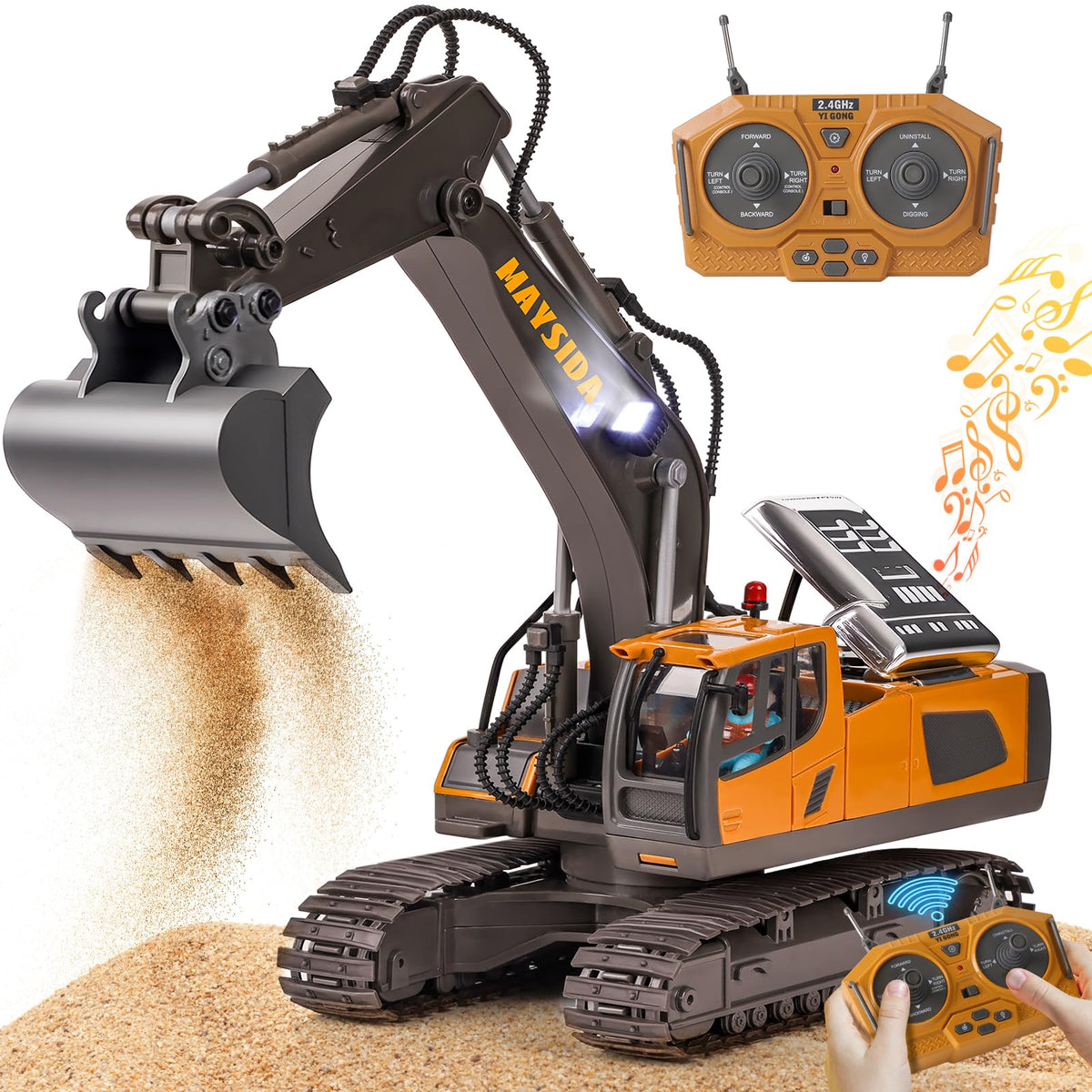 maysida RC Bagger mit Metallschaufel, Licht und Sound, 2,4 GHz – Spielzeugbagger mit Gummiketten