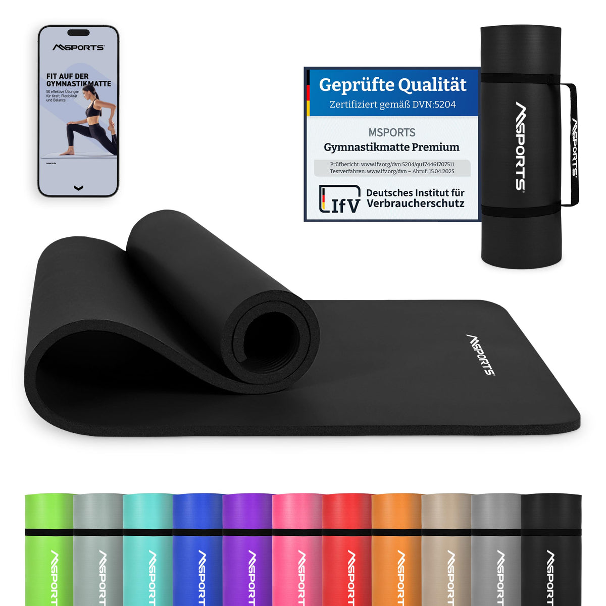 MSPORTS Gymnastikmatte Premium 190 x 100 cm, schwarz, mit Tragegurt – rutschfeste NBR-Matte