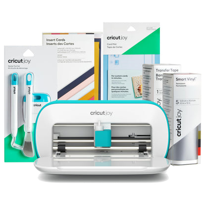 Cricut Joy Kompakt-Schneideplotter Starterpaket für Einsteiger 2024. Kompakter, weiß-mintgrüner Plotter. Schneidet Materialien für präzise DIY-Projekte.