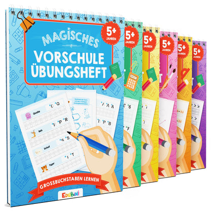 Edubini Magische Vorschule Übungshefte 6er Set mit Stift, ab 5 Jahren – wiederverwendbar mit Rillenstruktur