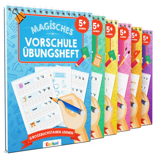 Edubini Magische Vorschule Übungshefte 6er Set mit Stift, ab 5 Jahren – wiederverwendbar mit Rillenstruktur