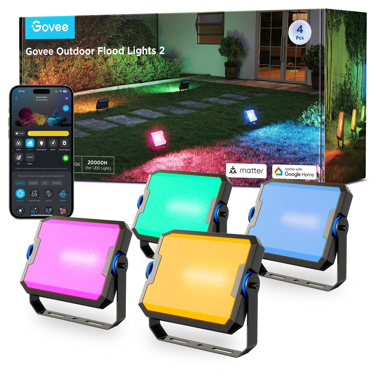 Govee Outdoor LED Strahler RGBWW Alexa Matter 4er Set. Vier schwarze LED-Strahler für smarte RGBWW Außenbeleuchtung.