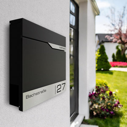 Metzler Wandbriefkasten Schwarz mit Zeitungsfach und Lasergravur