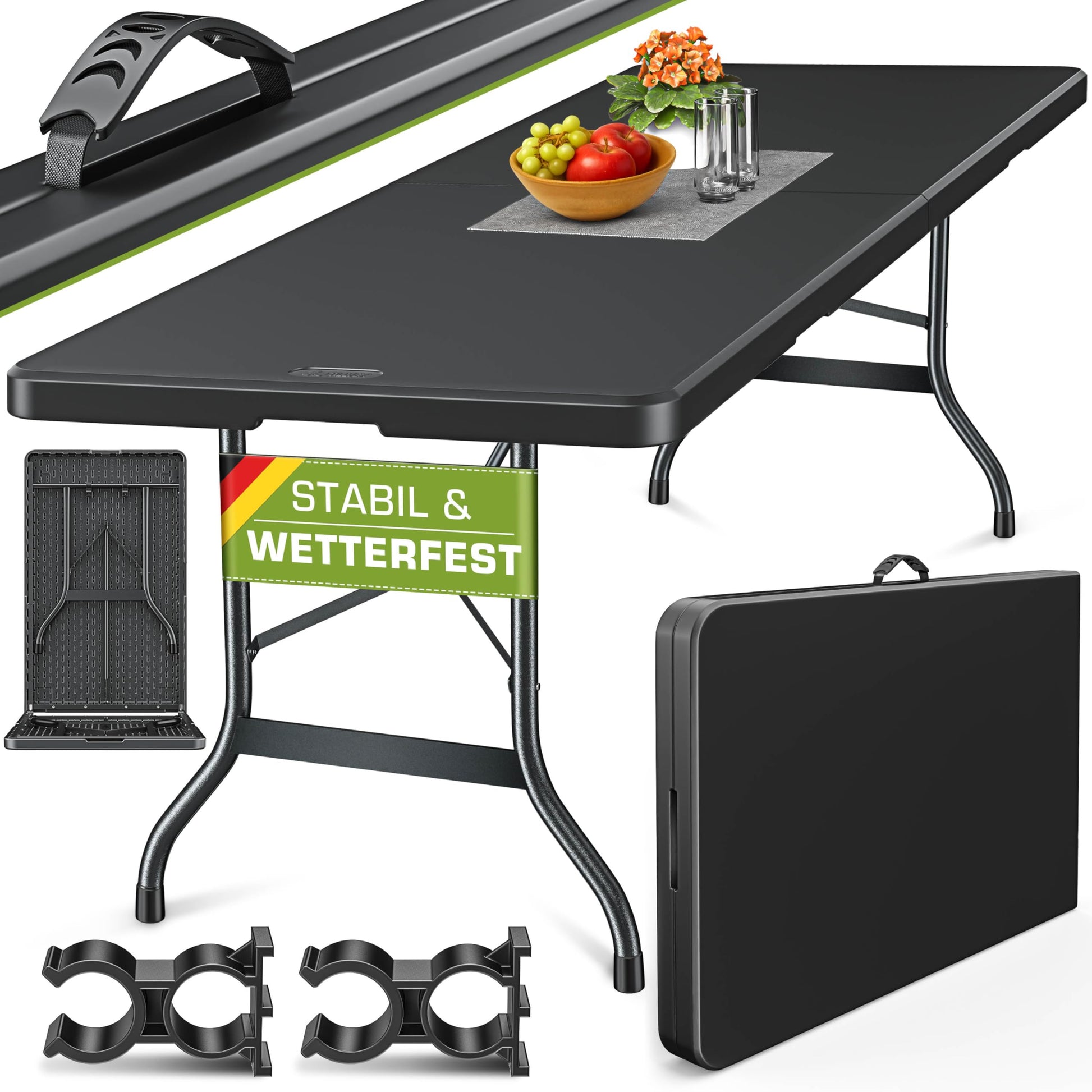 tillvex Gartentisch klappbar Kunststoff 180x75cm 8 Personen. Weißer, rechteckiger Klapptisch zur flexiblen Nutzung für 8 Personen im Garten.