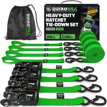 Rhino USA Schwerlast-Ratschengurt-Set 4er-Pack, 4 cm x 2,4 m, Grün – Zurrgurte mit Ratsche und beschichteten S-Haken
