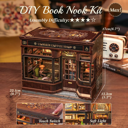 CUTEBEE Book Nook Kit Corner Coffee Shop – 3D Holzpuzzle mit LED