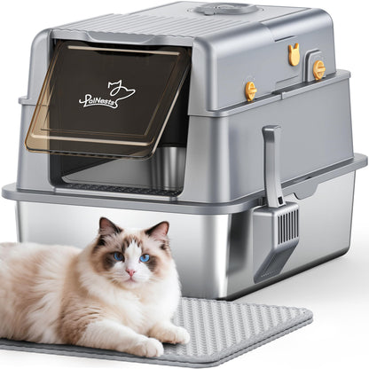 PalNests Edelstahl-Katzentoilette XXL mit Deckel, Klappe und Schaufel – Edelstahlschale und Streumatte