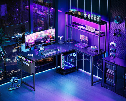 Coleshome Gaming Tisch L-Form mit LED und Steckdosen, Schwarz