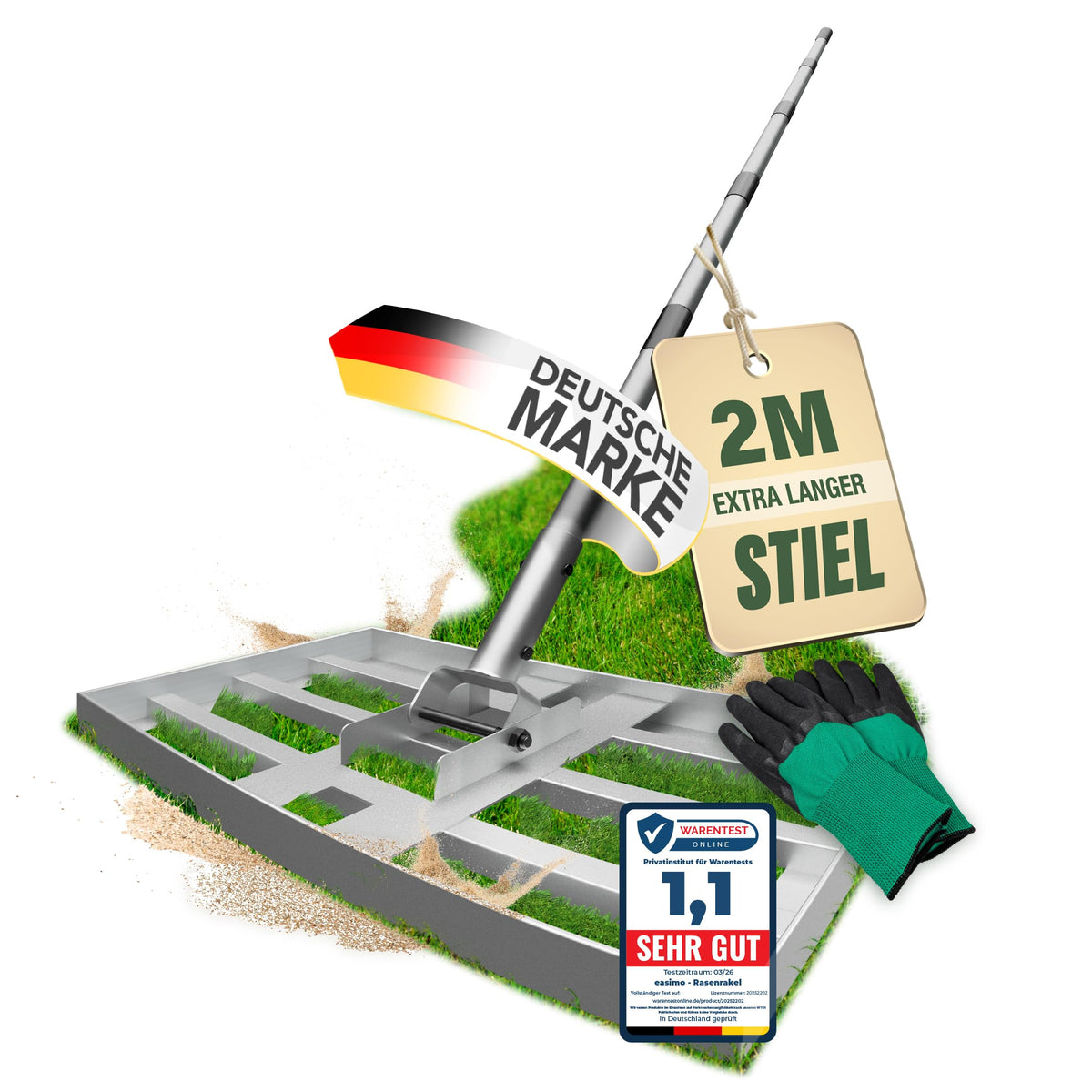 easimo Rasenrakel 43x25 cm mit 2,00 m Stange aus Stahl zum Nivellieren von Rasen