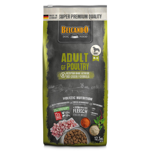 BELCANndO Adult GF Poultry getreidefreies Hundefutter - 12.5 kg. Braune, unregelmäßige Kroketten. Zur Ernährung ausgewachsener Hunde.