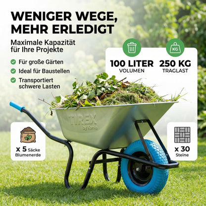 Xonic Tirex Schubkarre 100 l – verzinkte Wanne, PU-Vollgummirad