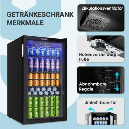 EUHOMY Getränkekühlschrank 90 L mit Glastür, schwarzer Edelstahl