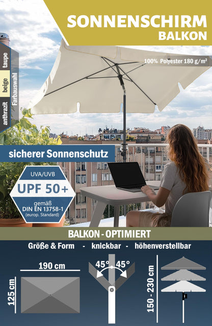 Menz Sonnenschirm Balkon Set rechteckig UPF 50+ mit Halterung Beige