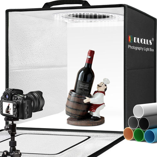 DUCLUS Fotobox 50x50cm – Faltbares Produktfotostudio 216 LED. Schwarze, kubische Fotobox mit 216 LEDs zur Produktausleuchtung.
