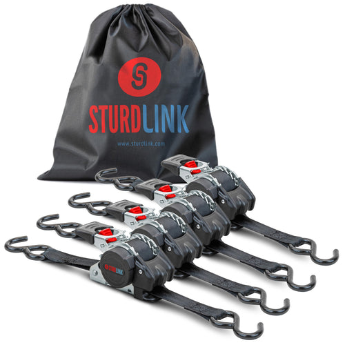 Automatik Spanngurt 3m 25mm S-Haken – 4er Set selbstaufrollend. Blaues Gurtband zum automatischen Verzurren von Ladung beim Transport.