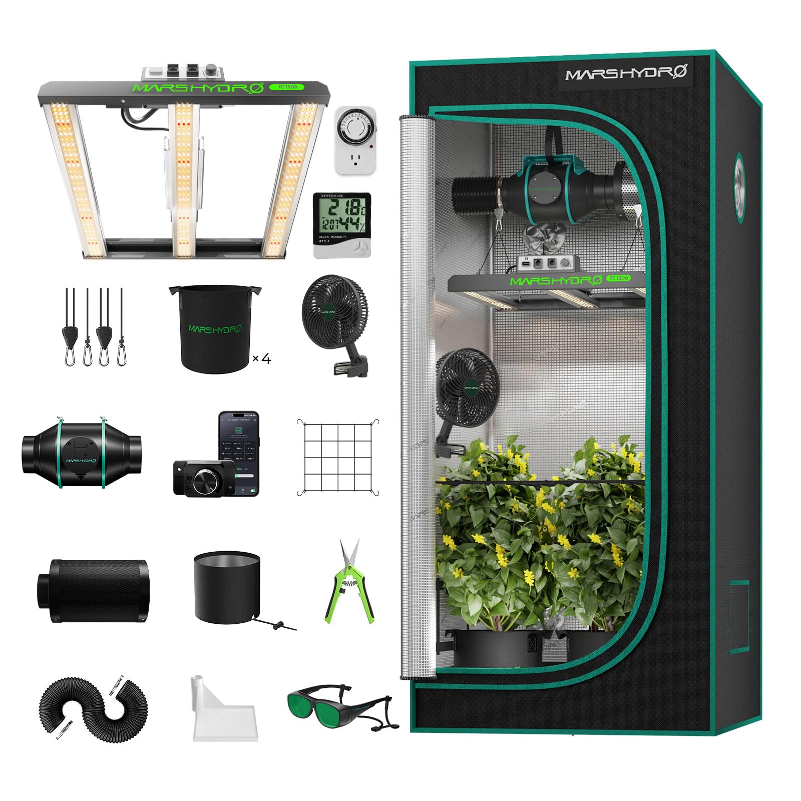 Mars Hydro Smart Growzelt Komplettset FC1500 80x80x160cm App Steuerung. Schwarzes, rechteckiges Zelt zur kontrollierten Pflanzenzucht im Innenbereich.