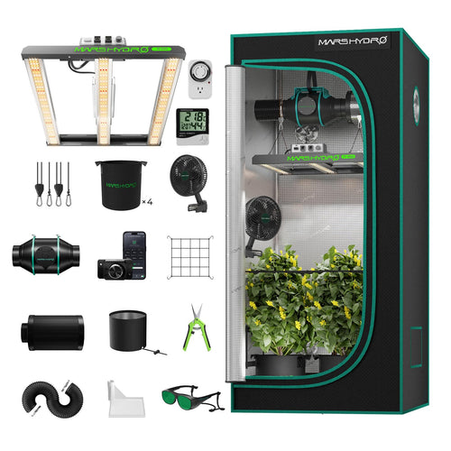 Mars Hydro Smart Growzelt Komplettset FC1500 80x80x160cm App Steuerung. Schwarzes, rechteckiges Zelt zur kontrollierten Pflanzenzucht im Innenbereich.