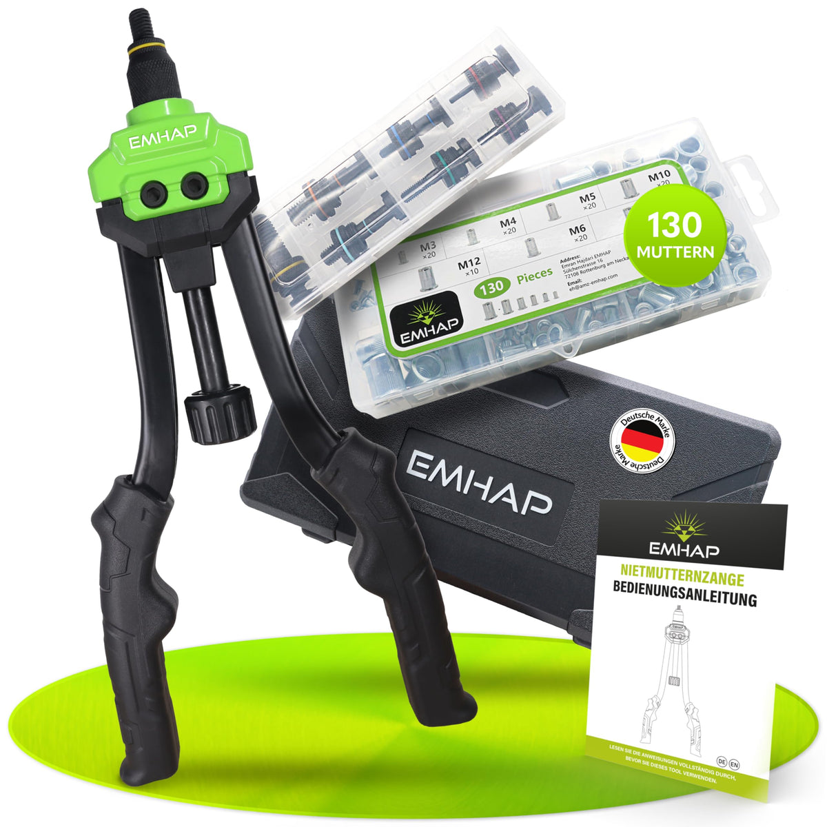EMHAP Nietmutternzange Set PREMIUM M3-M12 inkl. Organizer. Schwarz-silberne Handzange. Setzt Nietmuttern für Gewindebefestigungen in Blech.