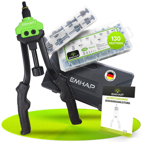EMHAP Nietmutternzange Set PREMIUM M3-M12 inkl. Organizer. Schwarz-silberne Handzange. Setzt Nietmuttern für Gewindebefestigungen in Blech.