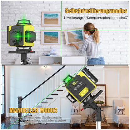 NUMNER Kreuzlinienlaser 4x360° Grün Selbstnivellierend mit Stativ