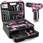 DEKO 238-teiliges Werkzeugset mit 12-V-Akku-Bohrmaschine, rosa, Kunststoffkoffer mit Schublade
