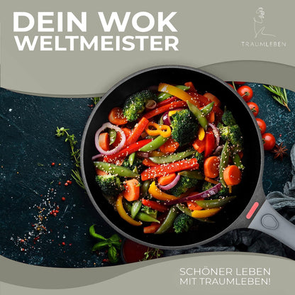 TRAUMLEBEN Wokpfanne Antihaft mit Deckel 28 cm Induktion Grau