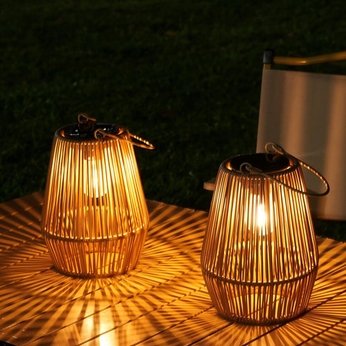 KagoLing Solarlaterne 2er-Set, handgeflochtene Rattan-Solarlampe mit warmweissem Licht, hängend und stehend