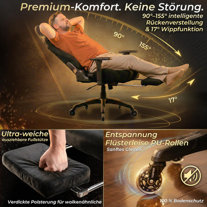 Dowinx Gaming Stuhl ergonomisch mit Fussstütze, 200 kg, schwarz