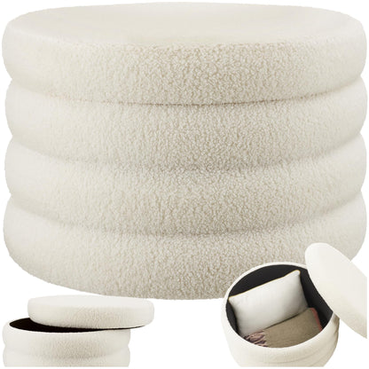 tectake® XL Scandi Stauraum Hocker Pouf – Bouclé Creme-weiss. Creme-weißer Bouclé-Hocker bietet Stauraum und Sitzgelegenheit.
